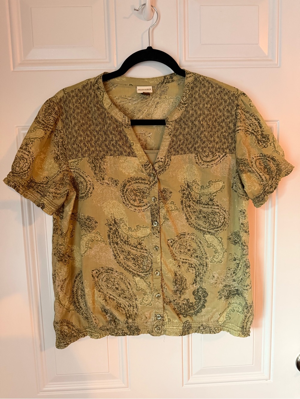 Sonoma Olive Paisley Short-Sleeve Button Down Top